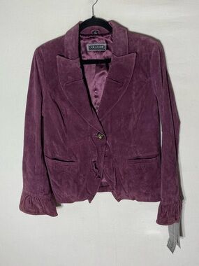 Vintage 90s Y2K Guillaume Purple Leather Blazer W Ruffle Trim S Whimsygoth Boho